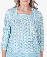 Alfred Dunner Petite Hyannisport Square Neck Geometric Border Top