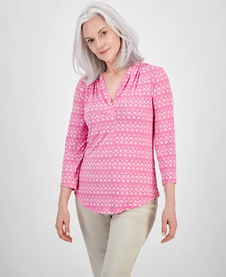 Jm Collection Women's Printed V-Neck 3/4-Sleeve Top, Created for Macy's