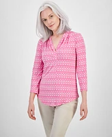 Jm Collection Women's Printed V-Neck 3/4-Sleeve Top, Created for Macy's
