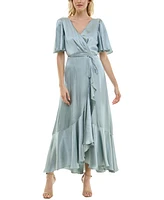 Taylor Women's Satin Tie-Waist Flounce-Sleeve Dress