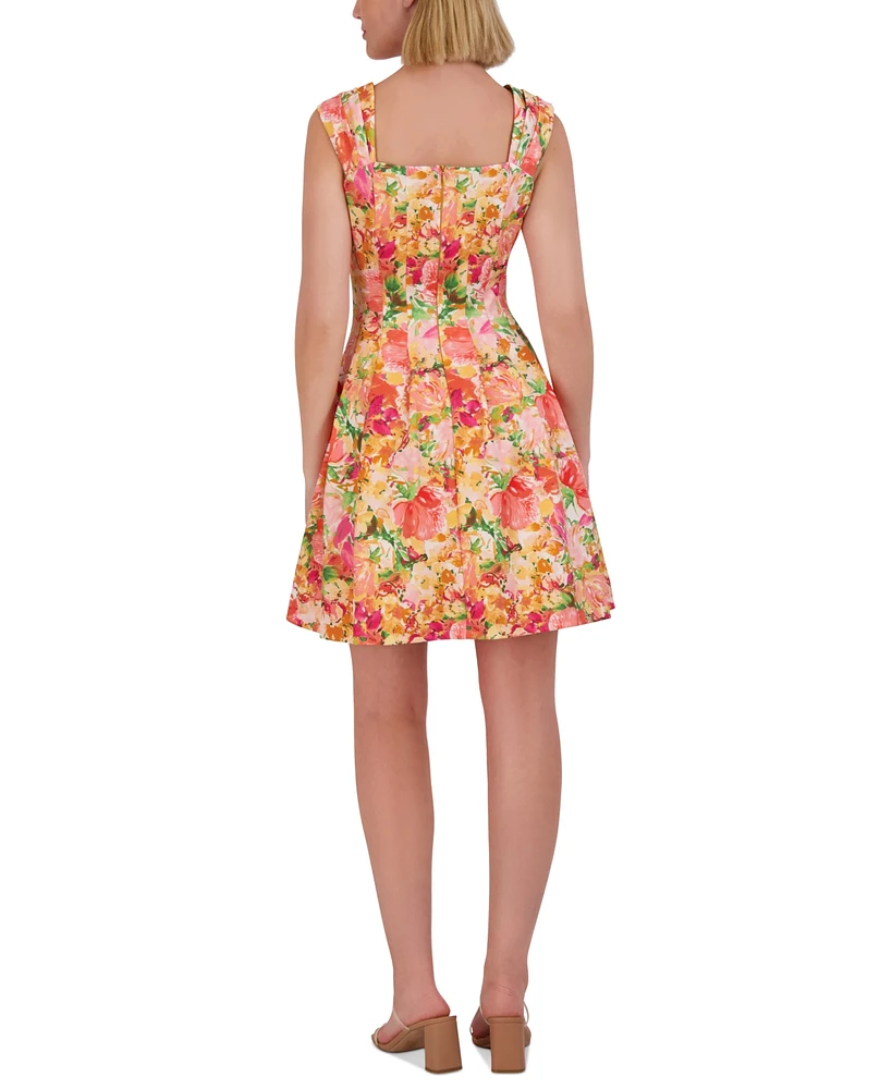 Vince Camuto Women's Floral Pleated-Sleeve Square-Neck Dress