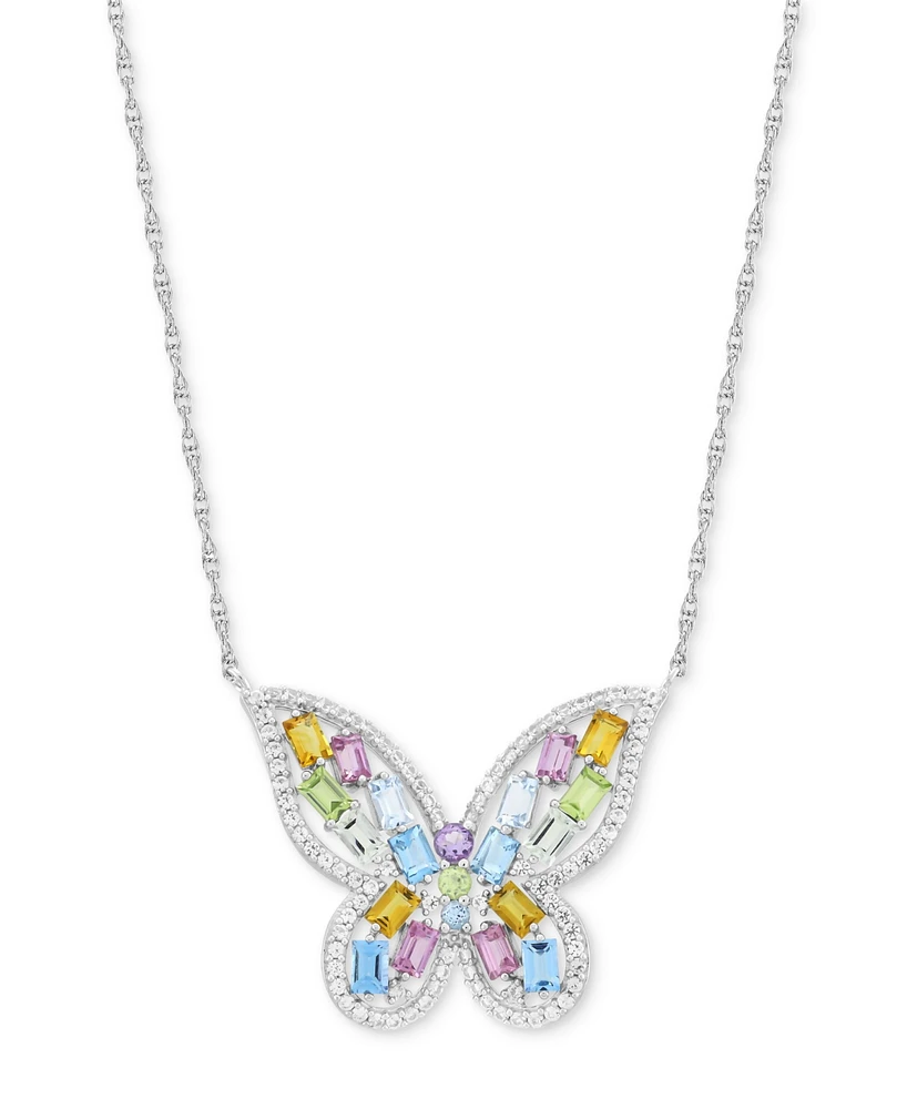 Multi-Gemstone Butterfly 18" Pendant Necklace in Sterling Silver