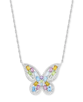 Multi-Gemstone Butterfly 18" Pendant Necklace in Sterling Silver