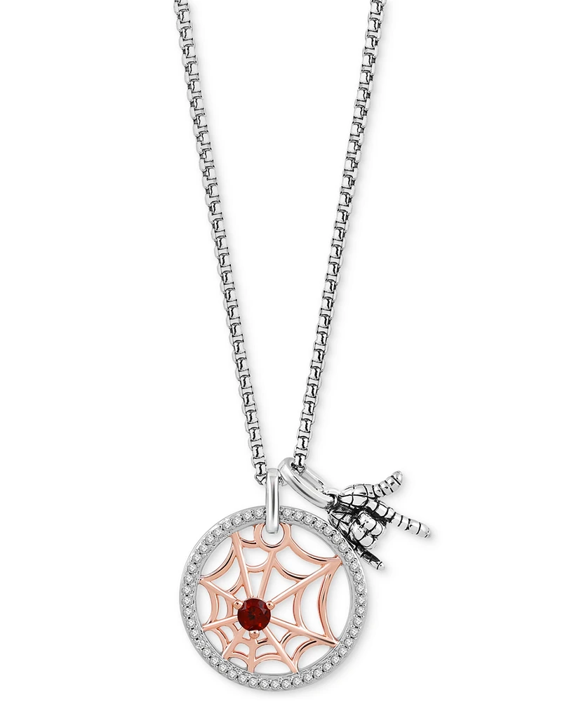 Wonder Fine Jewelry Garnet (1/6 ct. t.w.) & Diamond (1/6 ct. t.w.) Spiderman Web & Hand 18" Pendant in Sterling Silver & 14k Rose Gold-Plate