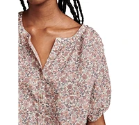 Lucky Brand Women's Printed Cotton Smocked-Trim Blouse