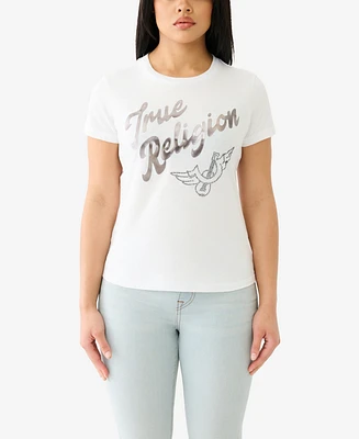 True Religion Women's Shorts Sleeve Vintage-like Foil Crewneck T-shirt