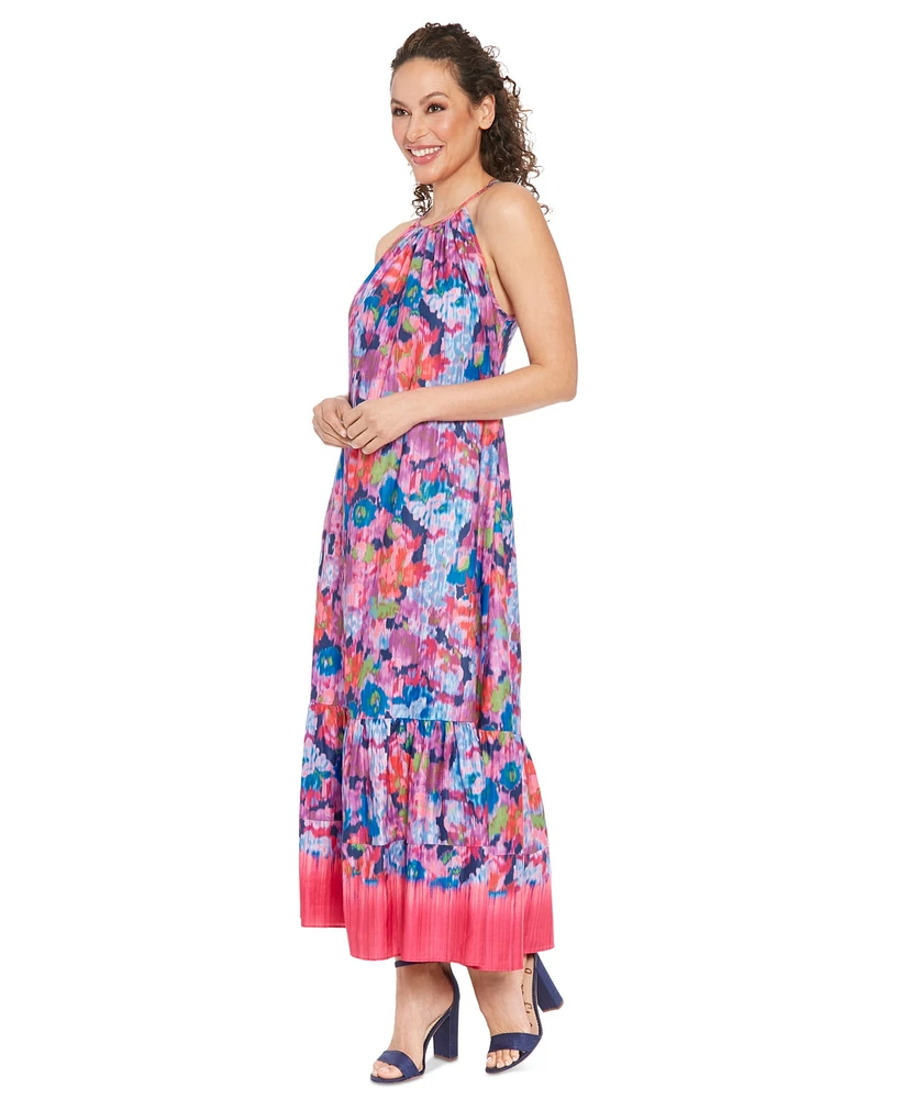 London Times Women's Ikat Floral Halter Maxi Dress