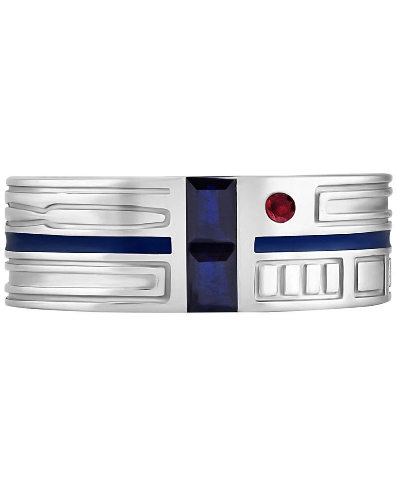 Wonder Fine Jewelry Men's Sapphire (1/4 ct. t.w.), Garnet Accent, & Blue Enamel R2D2 Ring in Sterling Silver