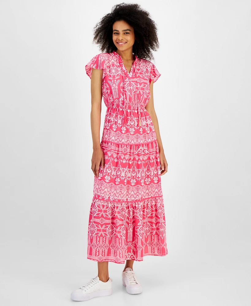 Tinsel Petite Mixed-Print Flutter-Sleeve Tiered Maxi Dress