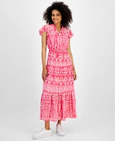 Tinsel Petite Mixed-Print Flutter-Sleeve Tiered Maxi Dress