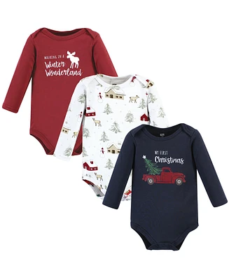 Hudson Baby Baby Boys Cotton Long-Sleeve Bodysuits Holiday Village, 3-Pack