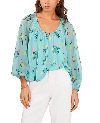 1.state Women's Floral Scoop-Neck Long-Sleeve Blouse