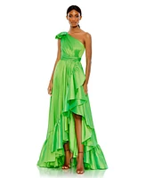 Mac Duggal Women's Bow One Shoulder Ruffle Asymmetrical Hem Gown