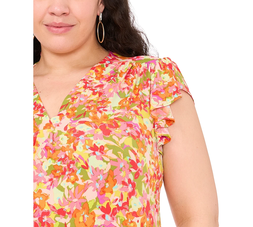 Msk Plus Floral-Print Flutter-Sleeve Shift Dress