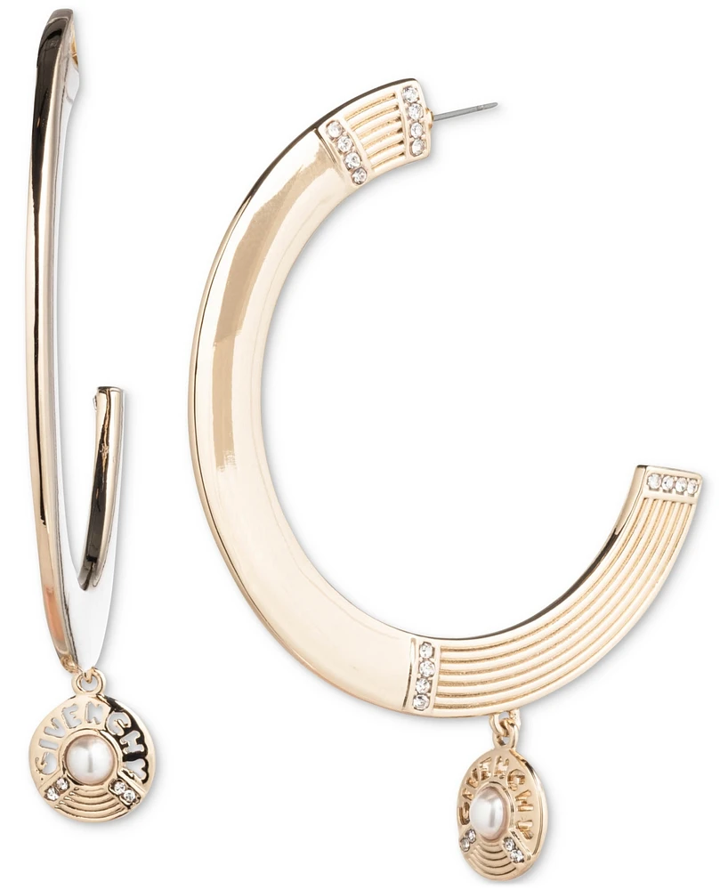 Givenchy Gold-Tone Medium Pave, Imitation Pearl & Logo C-Hoop Earrings, 1.62"