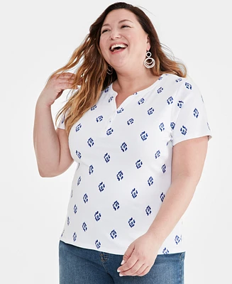 Style & Co Plus Size Printed Short-Sleeve Henley Top