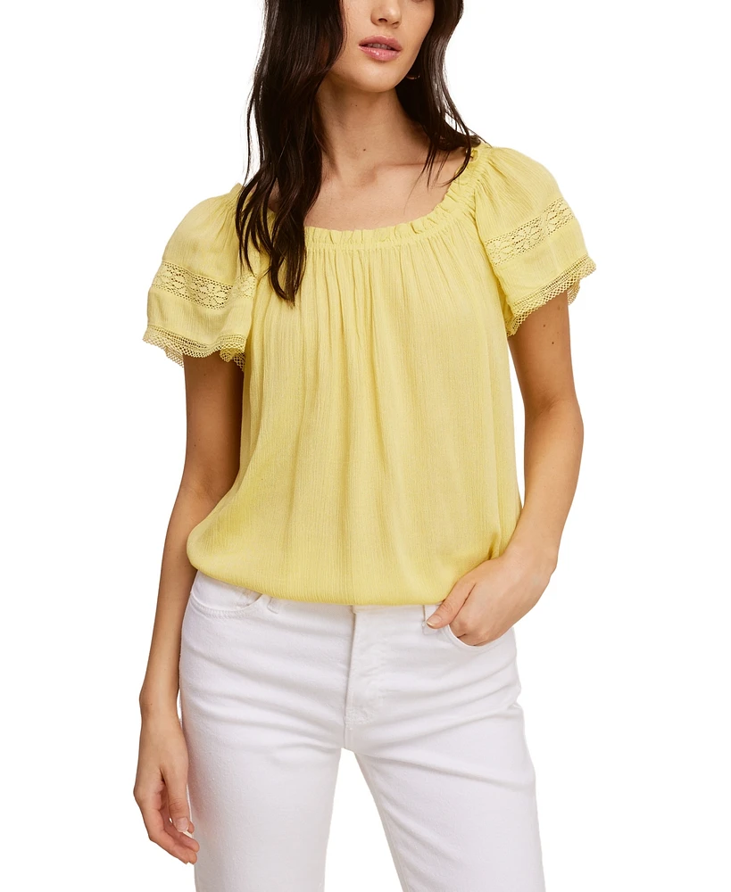 John Paul Richard Solid Peasant Top with Lace Trim Sleeve