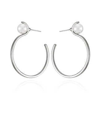 T Tahari Silver-Tone Imitation Pearl Open C Hoop Earrings