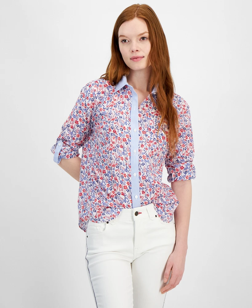 Tommy Hilfiger Women's Cotton Floral Roll-Tab Shirt