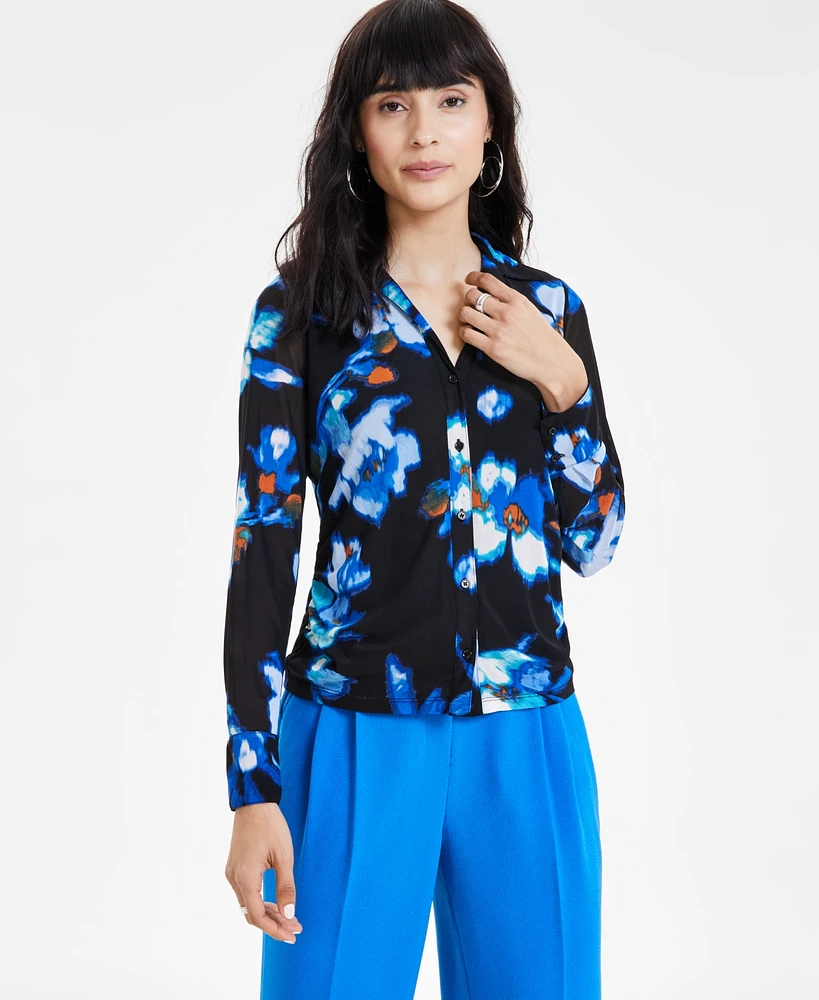 Bar Iii Women's Floral-Print Triple Mesh Shirt, Created for Macy's