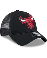 Men's New Era Black Chicago Bulls Rough Edge Logo Trucker 9TWENTY Adjustable Hat