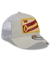 Men's New Era Stone, White Distressed Washington Commanders Happy Camper A-Frame Trucker 9FORTY Adjustable Hat