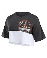 Women's Fanatics Black, White Cincinnati Bengals Boxy Color Split Cropped T-shirt