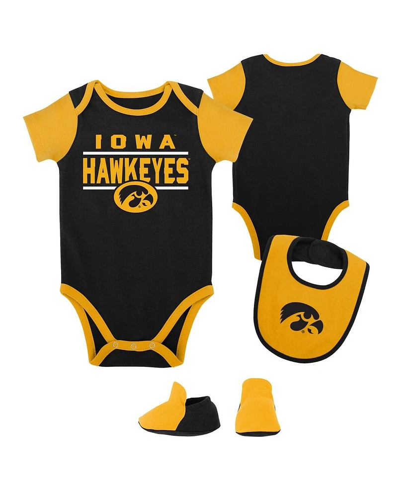 Baby Boys and Girls Black Iowa Hawkeyes Home Field Advantage Three-Piece Bodysuit, Bib Booties Set