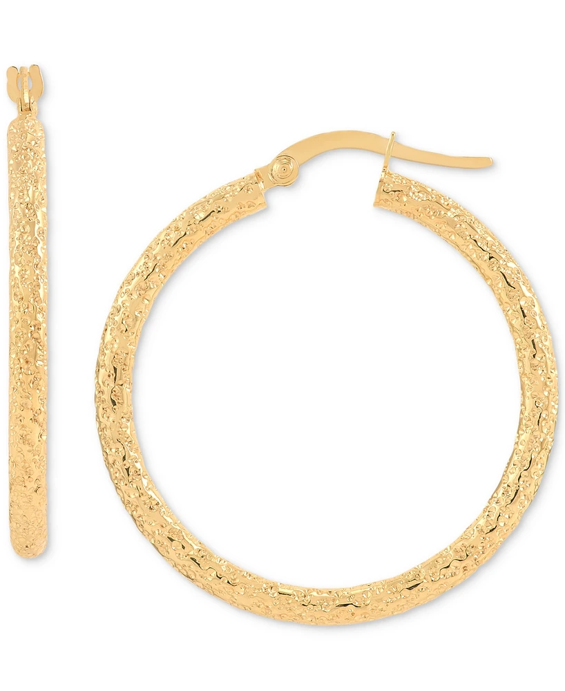 Italian Gold Textured Tube Medium Hoop Earrings in 10k Gold, 1-1/8"