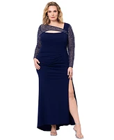 Betsy & Adam Plus Glitter-Sleeve Sheath Dress