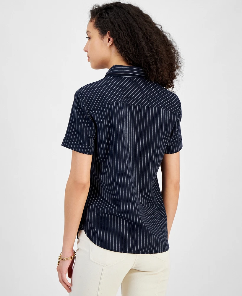 Tommy Hilfiger Women's Striped Linen-Blend Short-Sleeve Button-Front Shirt