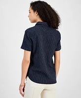 Tommy Hilfiger Women's Striped Linen-Blend Short-Sleeve Button-Front Shirt