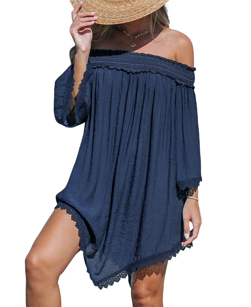 Cupshe Women's Navy Off Shoulder Asymmetrical Hem Cover-Up Beach Dress