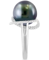 Effy Black Tahitian Pearl (13mm) & Diamond (1/4 ct. t.w.) Double Halo Statement Ring in 14k White Gold