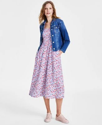 Tommy Hilfiger Womens Smocked Floral Print Cotton Midi Dress Denim Jacket