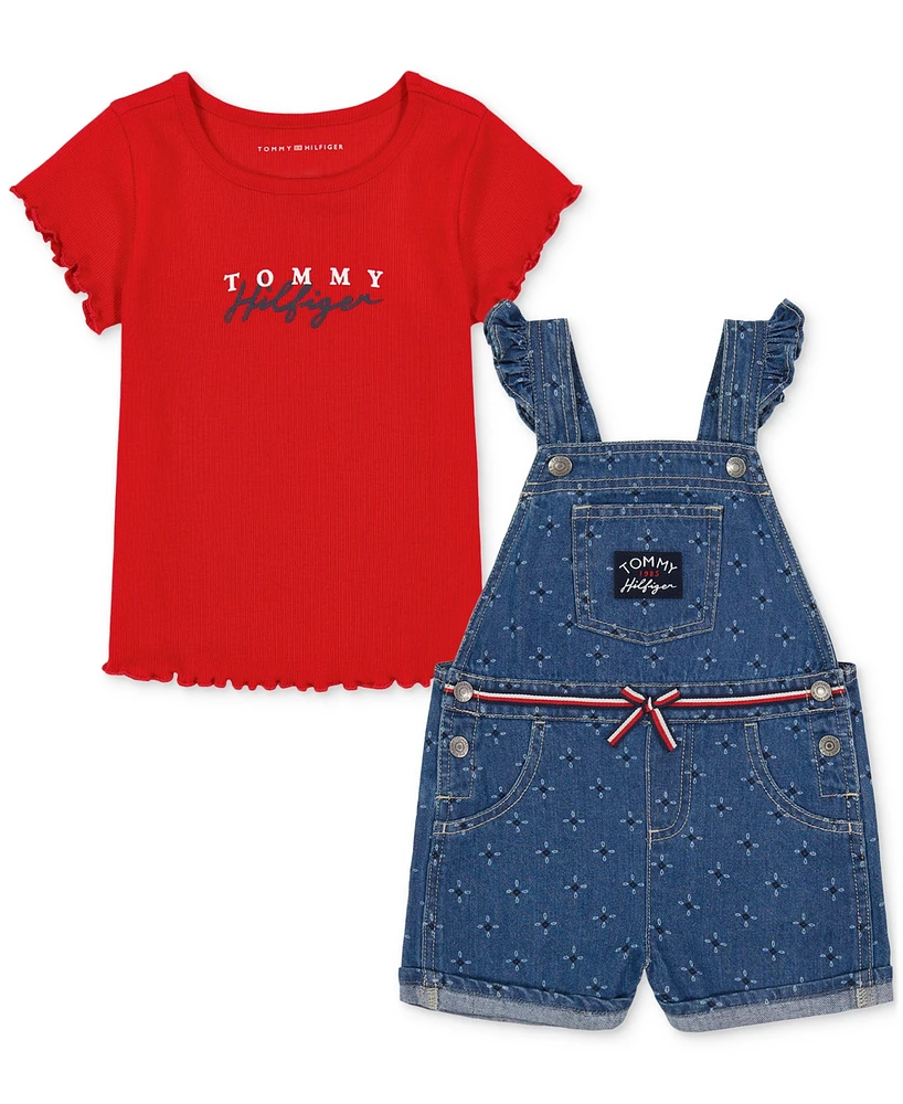 Tommy Hilfiger Toddler Girls Ribbed Logo T-Shirt & Printed Denim Shortall, 2 Piece Set