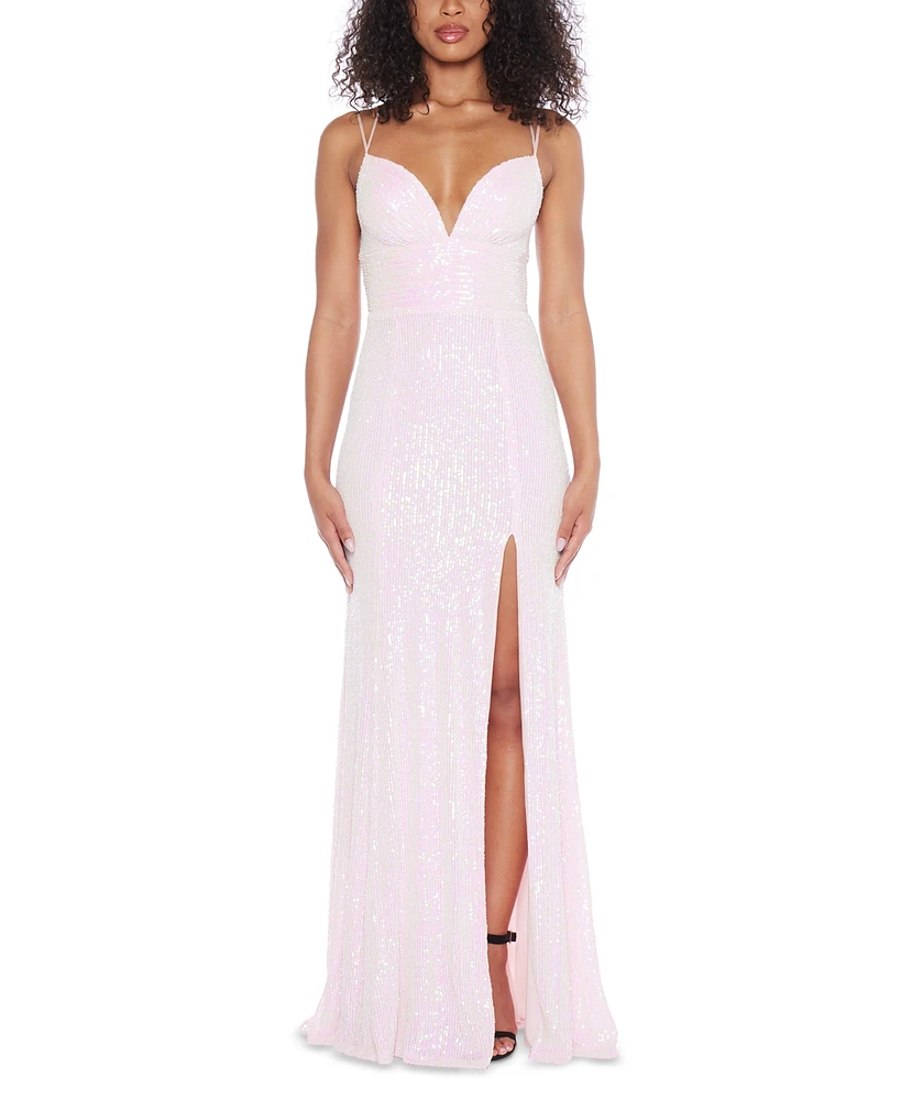 B Darlin Juniors' Sequined Open-Back Gown