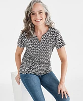 Style & Co Women's Printed Short-Sleeve Henley Top, Created for Macy's