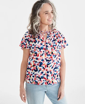 Style & Co Women's Printed Seersucker Split-Neck Top, Created for Macy's
