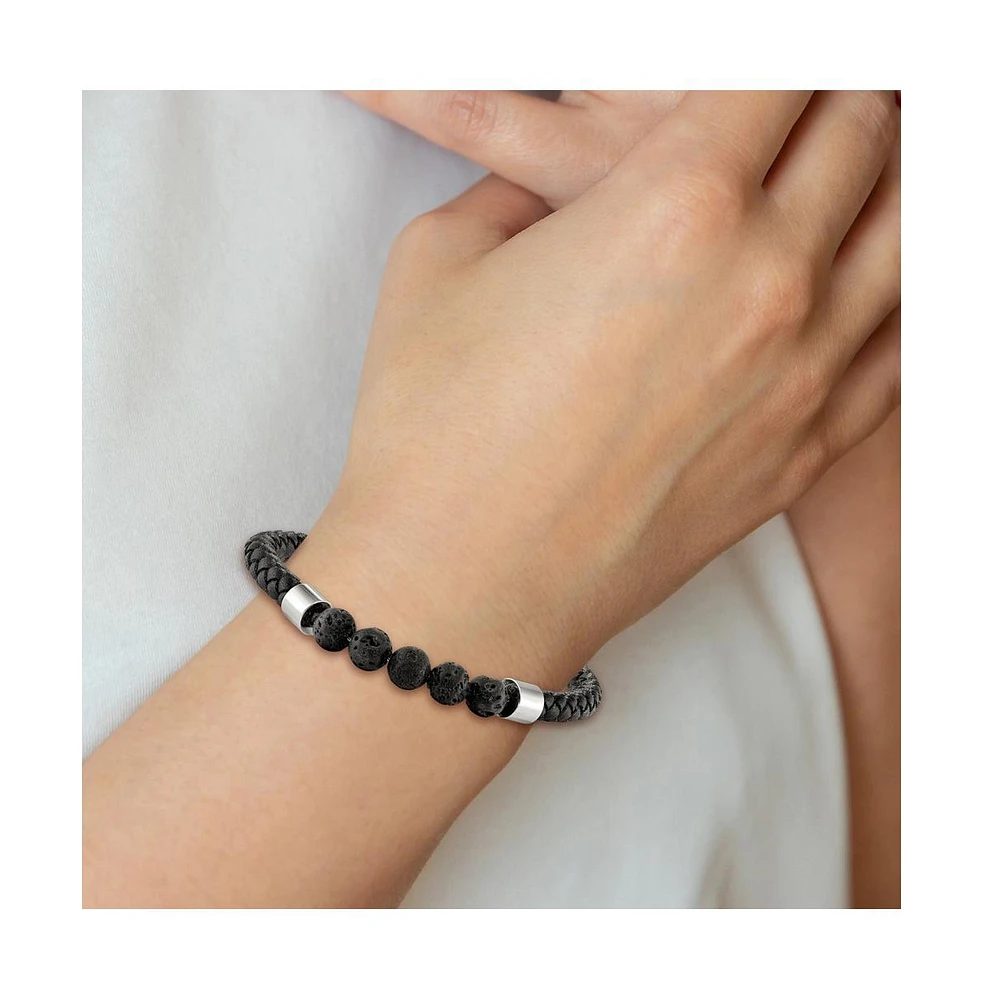 Chisel Stainless Steel with Lava Stone Beads Black Leather Bracelet
