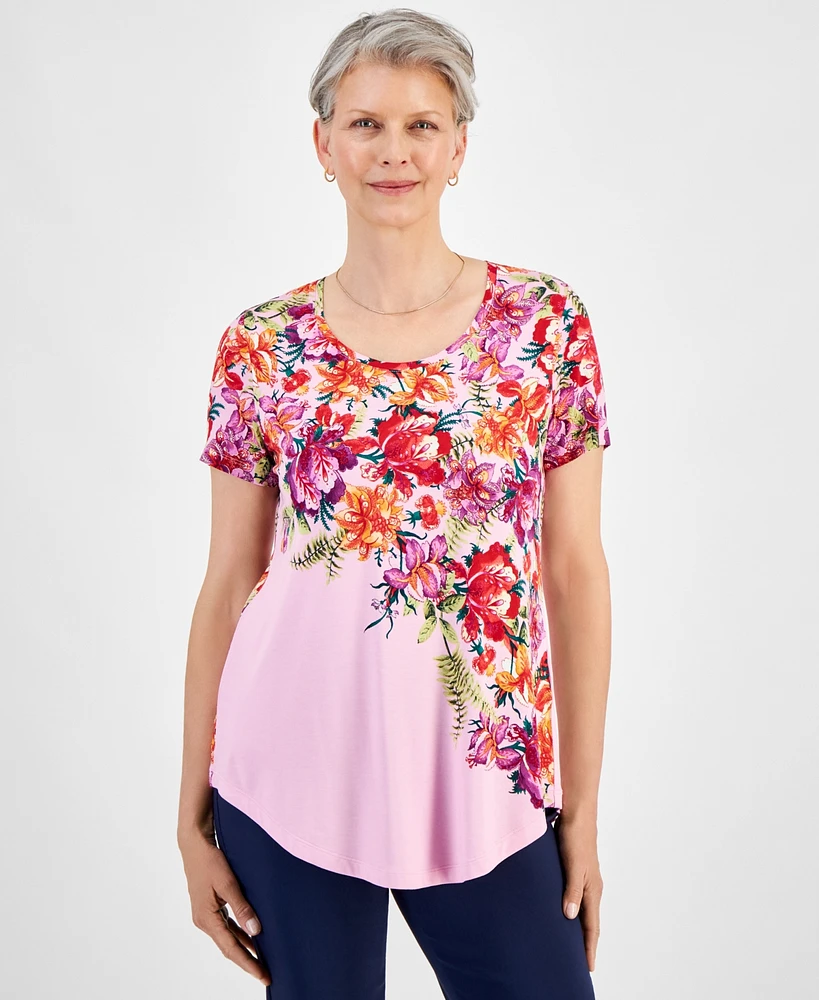 Jm Collection Women's Scoop-Neck Short-Sleeve Printed Knit Top, Created for Macy's