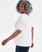 Style & Co Plus Size Eyelet Puff-Sleeve Split-Neck Cotton Top, Created for Macy's