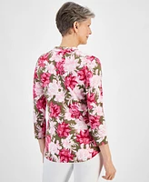 Jm Collection Petite Linear Garden V-Neck 3/4-Sleeve Top, Created for Macy's