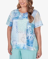 Alfred Dunner Plus Size Hyannisport Patchwork Leaf T-Shirt with Lace Detail