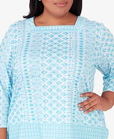 Alfred Dunner Plus Size Hyannisport Square Neck Geometric Border Top