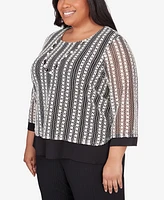 Alfred Dunner Plus Opposites Attract Striped Texture Top with Necklace