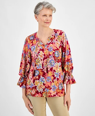 Jm Collection Women's Floral Print 3/4 Sleeve Ruffled-Cuff Top, Created for Macy's