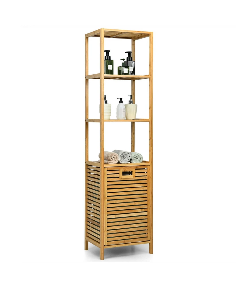 Costway Tilt-out Laundry Hamper Bamboo Tower Hamper w/3-Tier Shelves