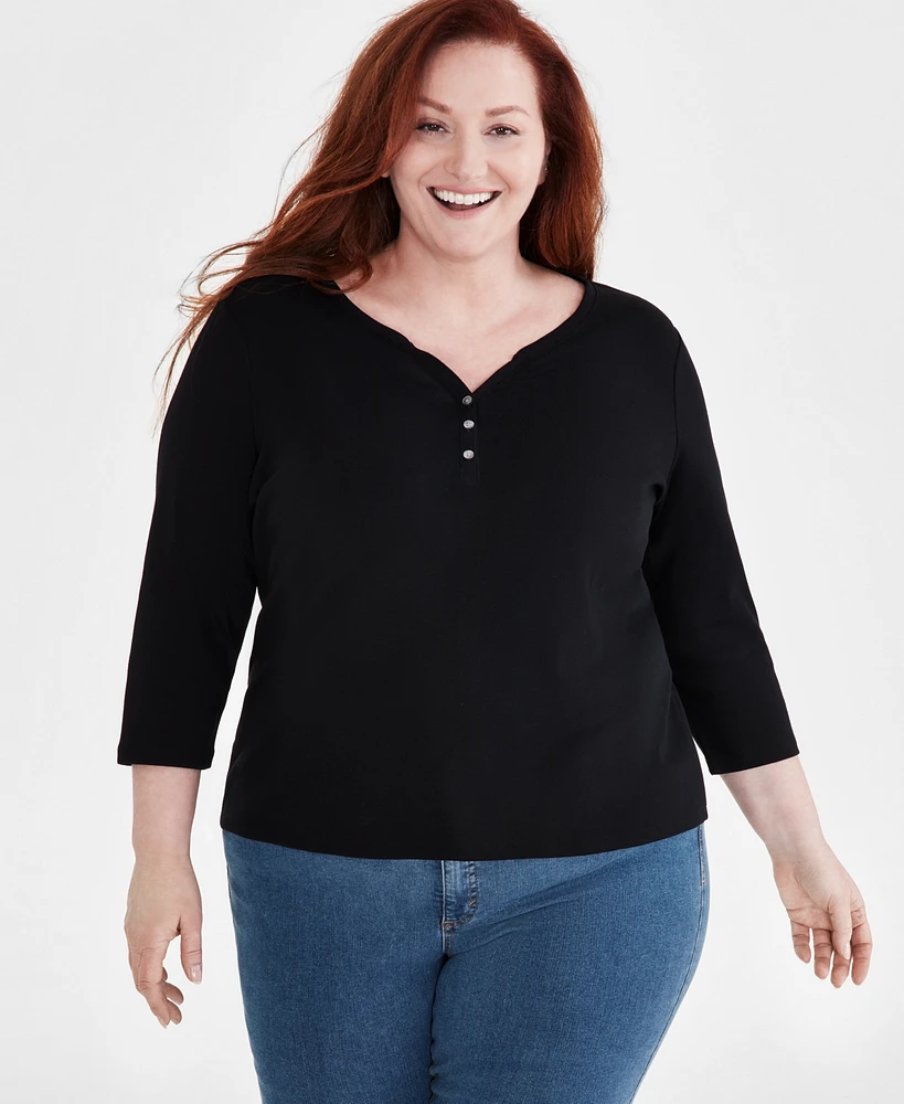 Style & Co Plus 3/4-Sleeve Cotton Henley Top, Created for Macy's