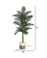 Nearly Natural 8ft. Golden Cane Artificial Palm Tree in Handmade Natural Cotton Planter